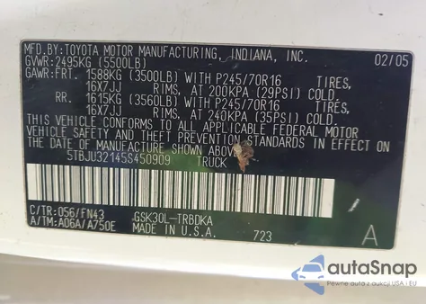 2005 Toyota Tundra z USA, uszkodzony, nr VIN 5TBJU32145S450909